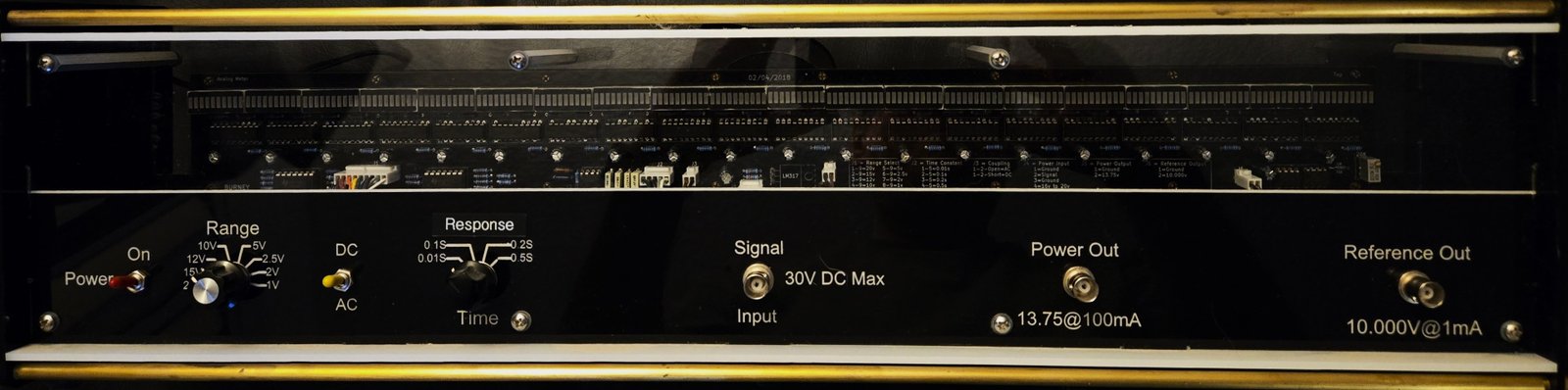 Linear-scale LED voltmeter made with twenty LM3914s and a voltage reference